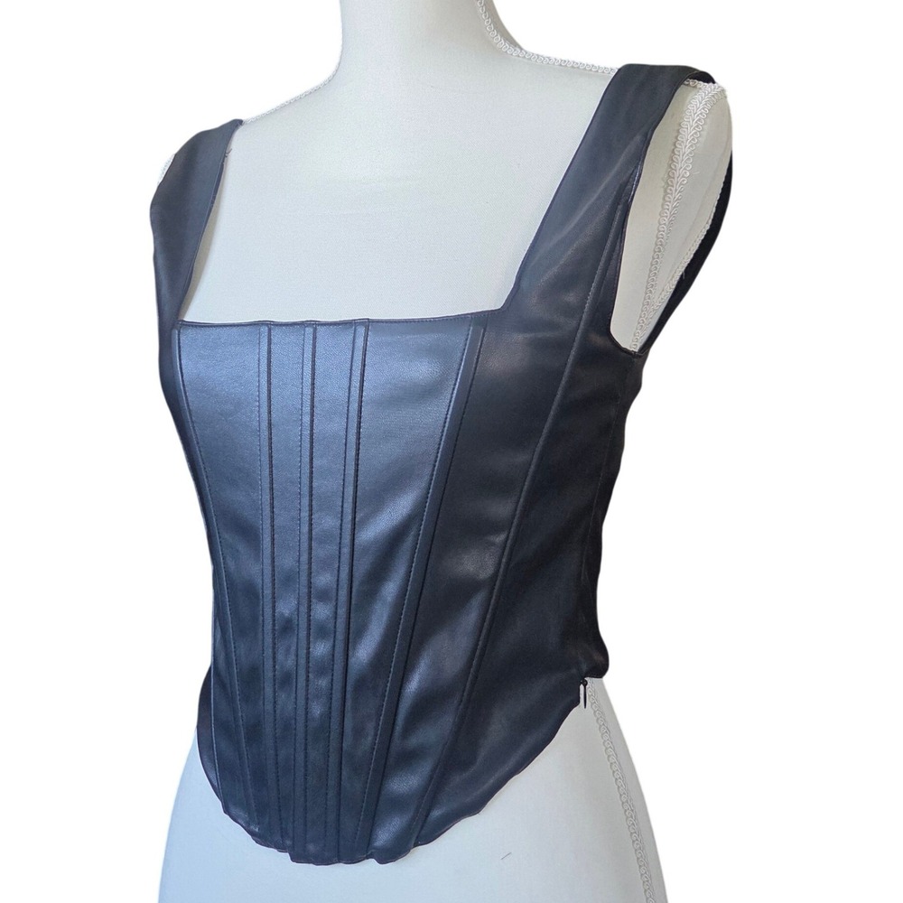 7‎ For All Mankind Black Vegan Leather Corset Top Square Neck Smocked Back Small - Picture 13 of 13